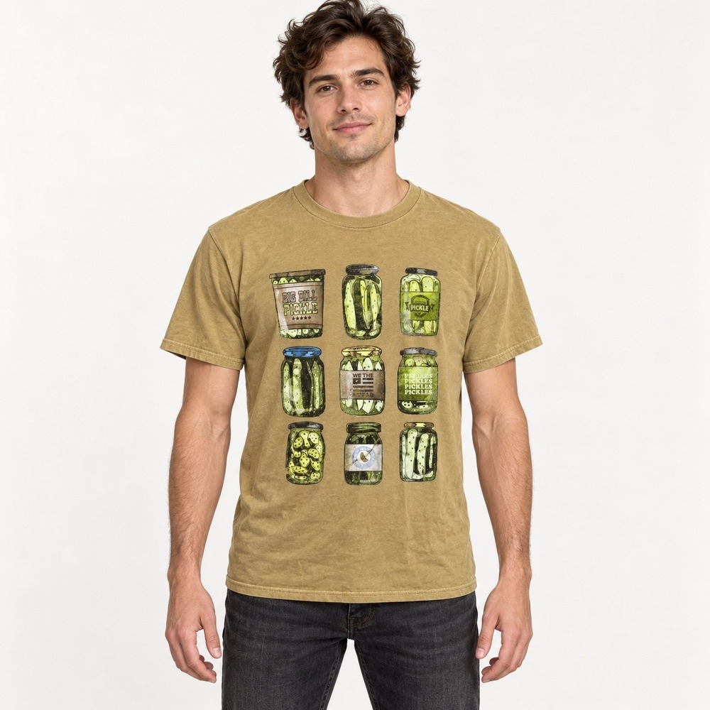 Buzz Mens Medium Khaki Pickle Jar Graphic T-Shirt Big Dill Foodie Tee Cotton